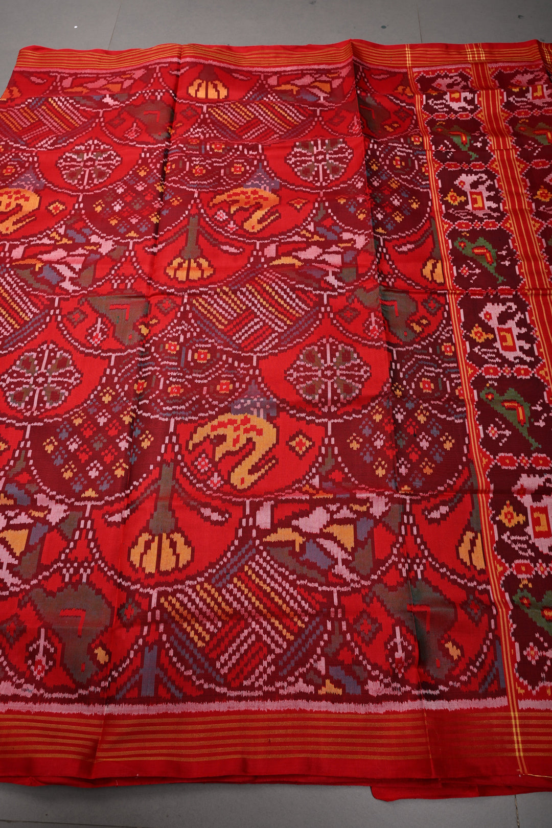 Red Patola Single Ikkat Silk Saree with Intricate Geometric Motifs and Minimal Border | SILK MARK CERTIFIED | SHOBITAM