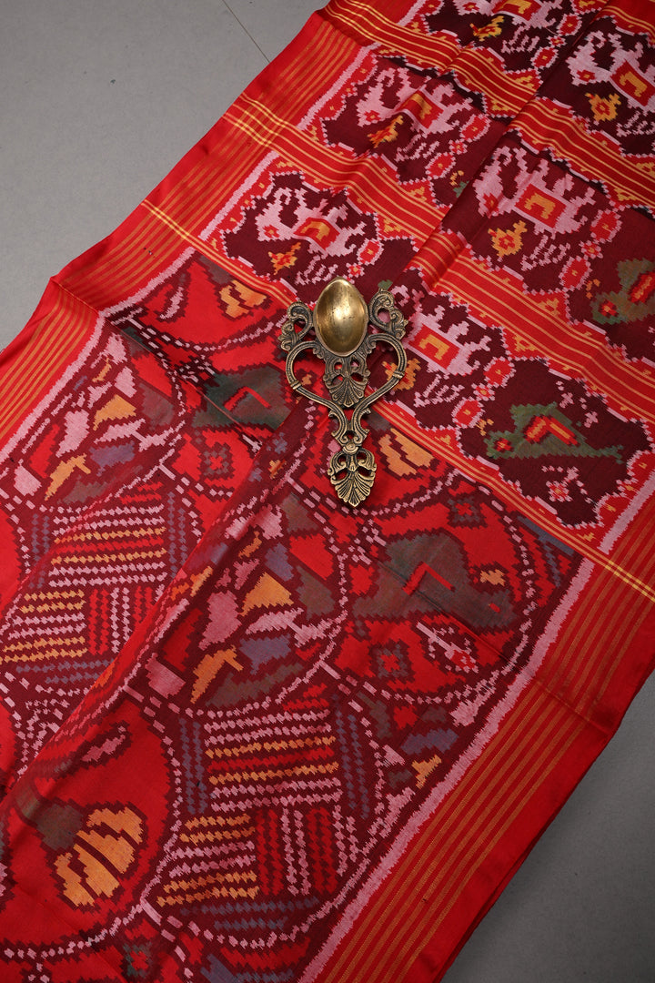 Red Patola Single Ikkat Silk Saree with Intricate Geometric Motifs and Minimal Border | SILK MARK CERTIFIED | SHOBITAM