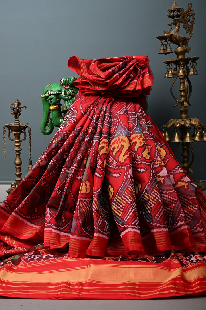 Red Patola Single Ikkat Silk Saree with Intricate Geometric Motifs and Minimal Border | SILK MARK CERTIFIED | SHOBITAM