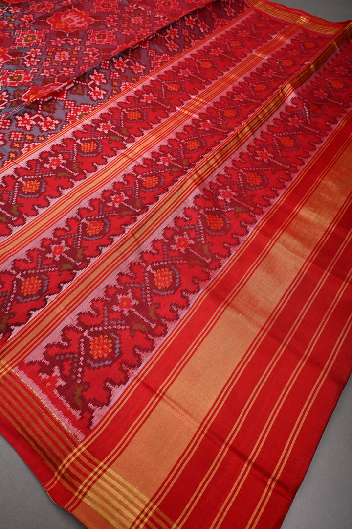 Authentic Patan Patola Pure Silk Handwoven Single Ikkat Saree in Red with intricate weaving | SILK MARK CERTIFIED | SHOBITAM