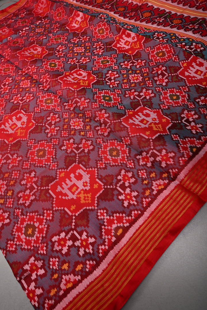 Authentic Patan Patola Pure Silk Handwoven Single Ikkat Saree in Red with intricate weaving | SILK MARK CERTIFIED | SHOBITAM