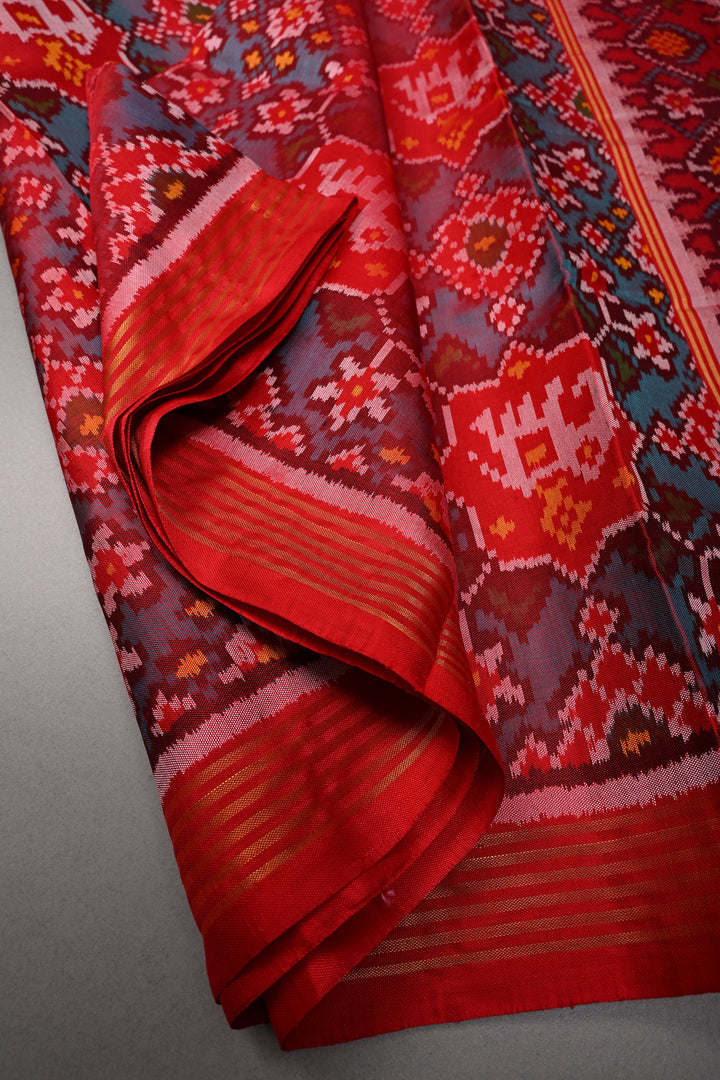 Authentic Patan Patola Pure Silk Handwoven Single Ikkat Saree in Red with intricate weaving | SILK MARK CERTIFIED | SHOBITAM