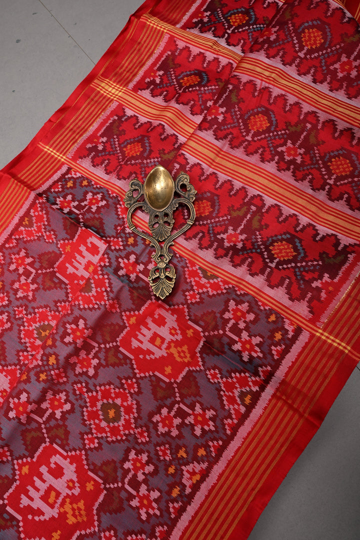 Authentic Patan Patola Pure Silk Handwoven Single Ikkat Saree in Red with intricate weaving | SILK MARK CERTIFIED | SHOBITAM