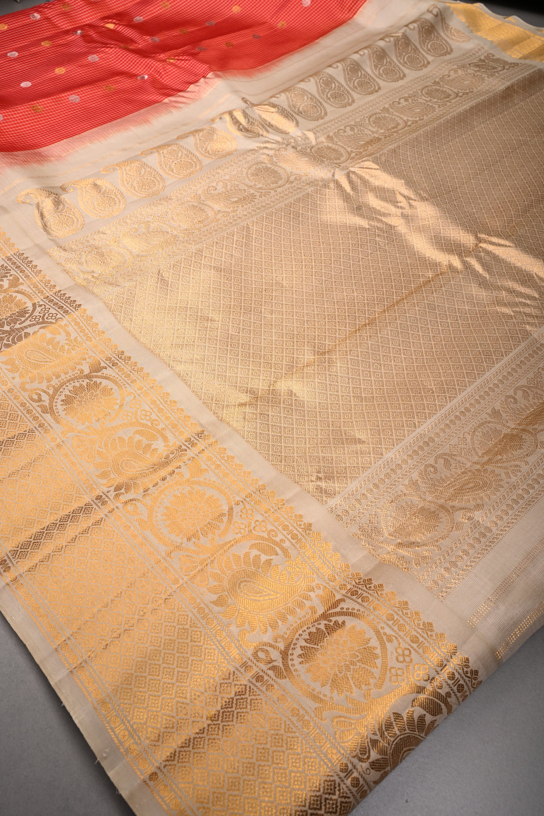 Scarlet Red Checks Pattern on Pure Gadwal Silk Saree with Gold-Silver Zari Buttas and Contrast Zari Border | SILK MARK CERTIFIED | SHOBITAM