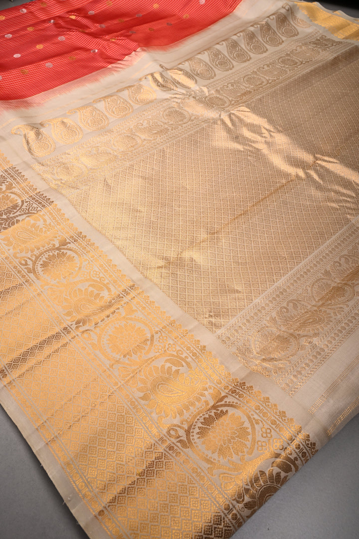 Scarlet Red Checks Pattern on Pure Gadwal Silk Saree with Gold-Silver Zari Buttas and Contrast Zari Border | SILK MARK CERTIFIED | SHOBITAM