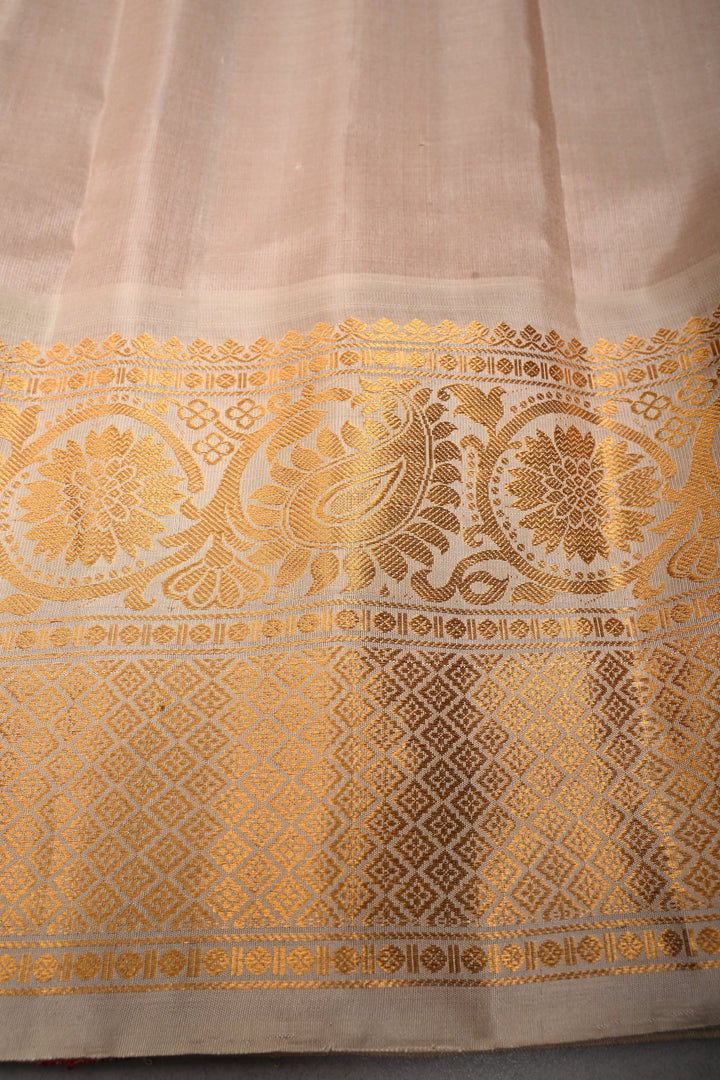 Scarlet Red Checks Pattern on Pure Gadwal Silk Saree with Gold-Silver Zari Buttas and Contrast Zari Border | SILK MARK CERTIFIED | SHOBITAM