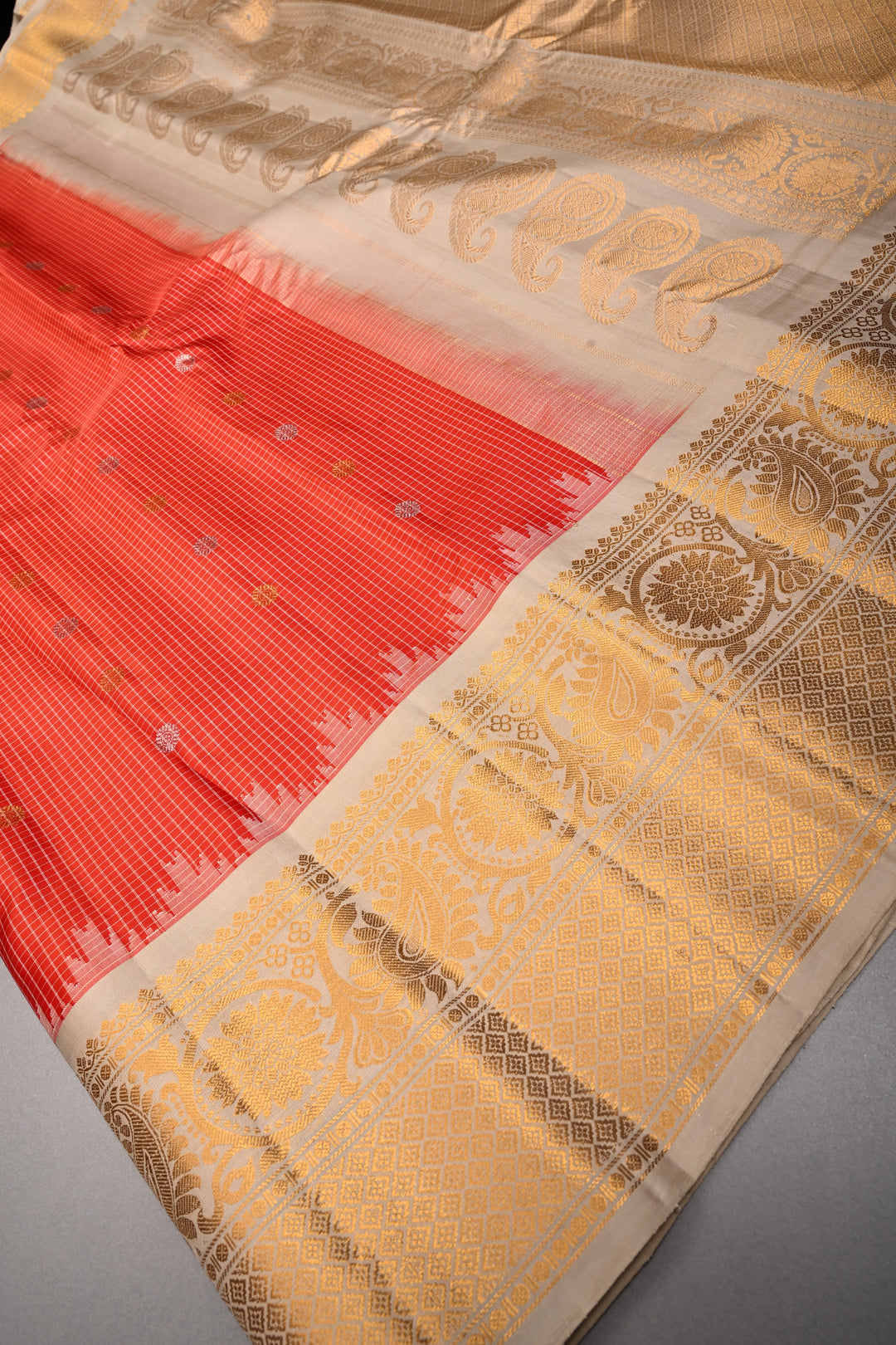 Scarlet Red Checks Pattern on Pure Gadwal Silk Saree with Gold-Silver Zari Buttas and Contrast Zari Border | SILK MARK CERTIFIED | SHOBITAM