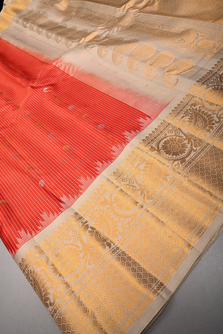 Scarlet Red Checks Pattern on Pure Gadwal Silk Saree with Gold-Silver Zari Buttas and Contrast Zari Border | SILK MARK CERTIFIED | SHOBITAM