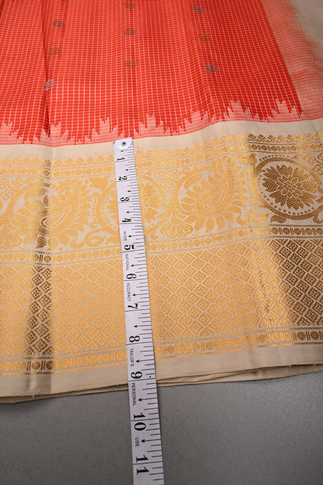 Scarlet Red Checks Pattern on Pure Gadwal Silk Saree with Gold-Silver Zari Buttas and Contrast Zari Border | SILK MARK CERTIFIED | SHOBITAM