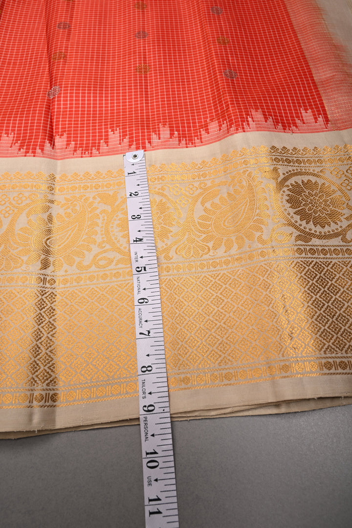 Scarlet Red Checks Pattern on Pure Gadwal Silk Saree with Gold-Silver Zari Buttas and Contrast Zari Border | SILK MARK CERTIFIED | SHOBITAM
