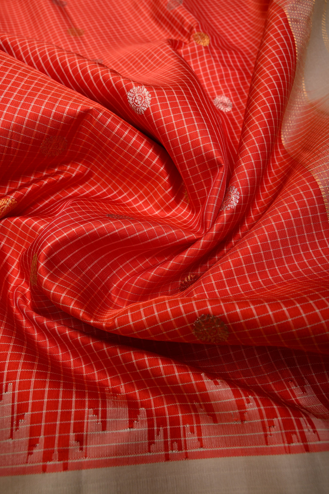 Scarlet Red Checks Pattern on Pure Gadwal Silk Saree with Gold-Silver Zari Buttas and Contrast Zari Border | SILK MARK CERTIFIED | SHOBITAM