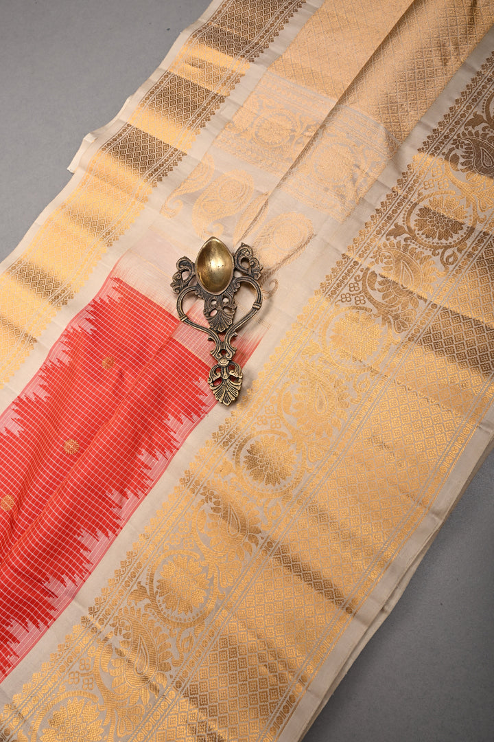 Scarlet Red Checks Pattern on Pure Gadwal Silk Saree with Gold-Silver Zari Buttas and Contrast Zari Border | SILK MARK CERTIFIED | SHOBITAM