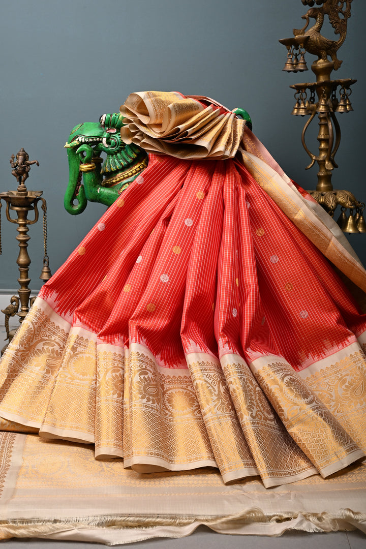 Scarlet Red Checks Pattern on Pure Gadwal Silk Saree with Gold-Silver Zari Buttas and Contrast Zari Border | SILK MARK CERTIFIED | SHOBITAM