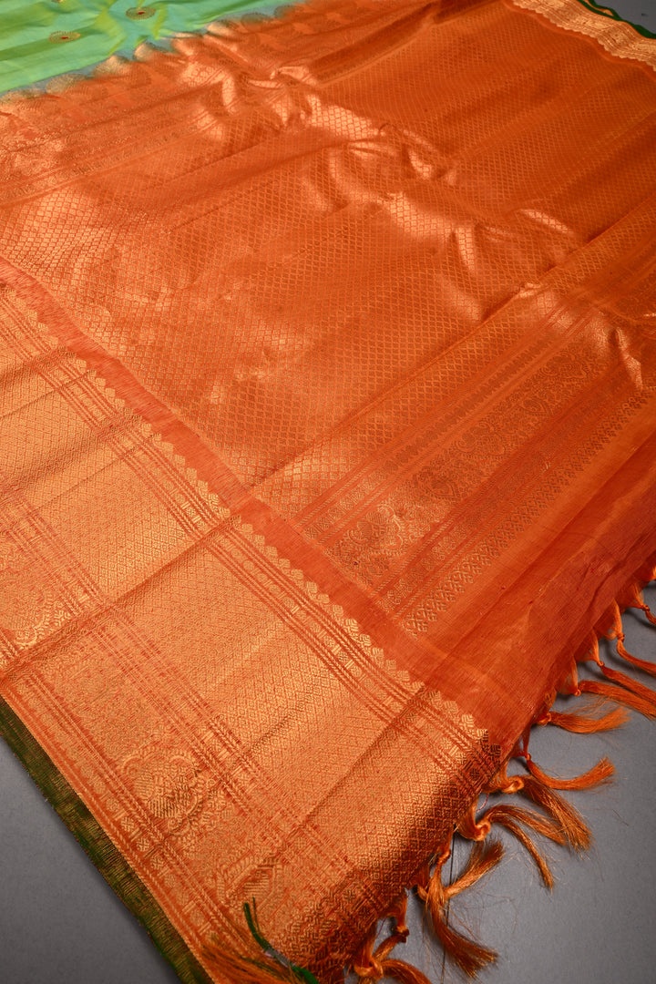 Green Turquoise Dual Tone Pure Gadwal Silk Saree with Meenakari Zari Buttas and Tissue Zari Border | SILK MARK CERTIFIED | SHOBITAM