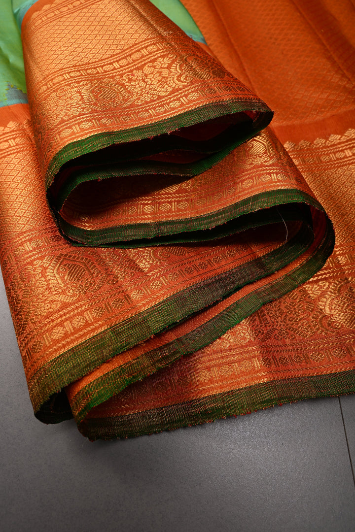 Green Turquoise Dual Tone Pure Gadwal Silk Saree with Meenakari Zari Buttas and Tissue Zari Border | SILK MARK CERTIFIED | SHOBITAM