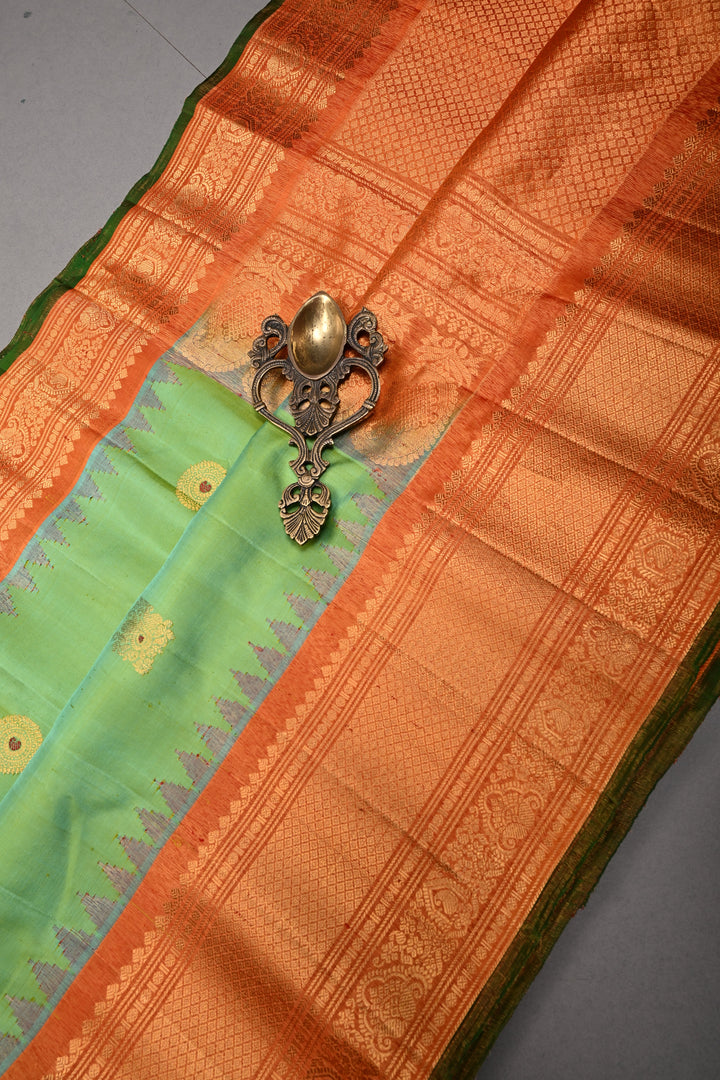 Green Turquoise Dual Tone Pure Gadwal Silk Saree with Meenakari Zari Buttas and Tissue Zari Border | SILK MARK CERTIFIED | SHOBITAM