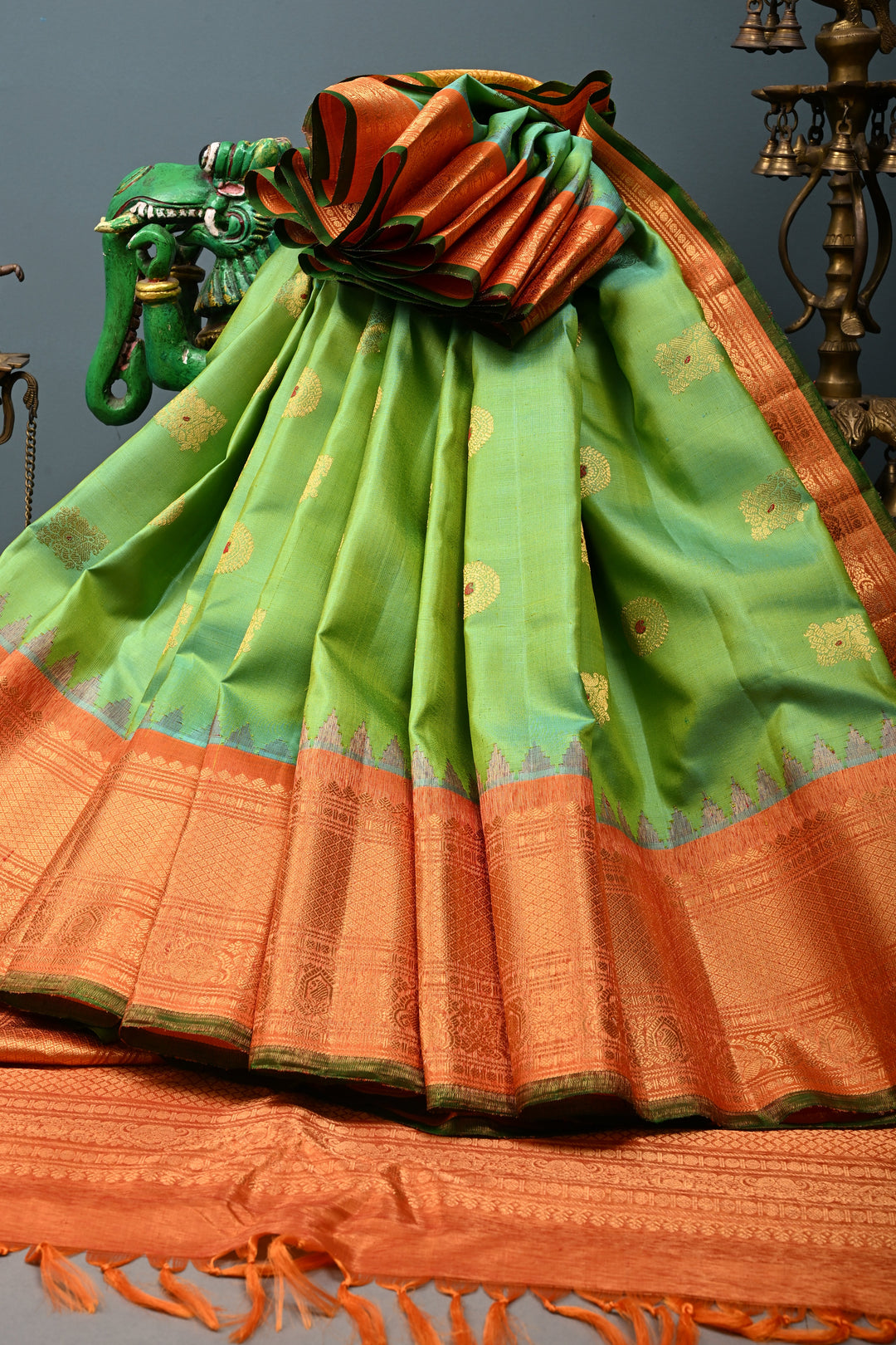 Green Turquoise Dual Tone Pure Gadwal Silk Saree with Meenakari Zari Buttas and Tissue Zari Border | SILK MARK CERTIFIED | SHOBITAM