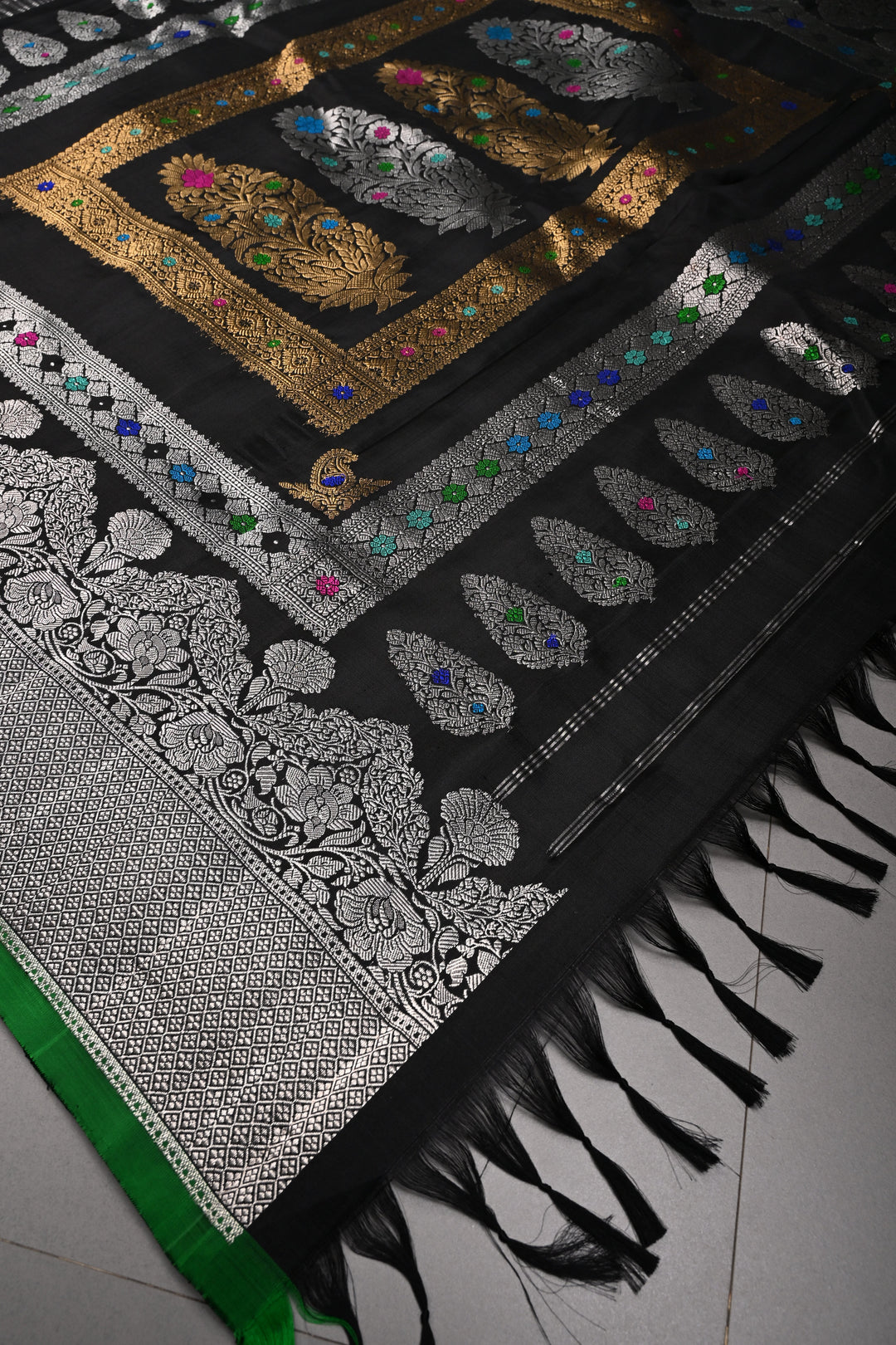 Black Pure Gadwal Silk Saree with Gold-Silver Zari Buttas and Scallop Zari Border | SILK MARK CERTIFIED | SHOBITAM