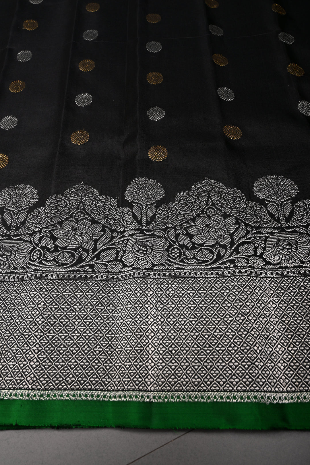 Black Pure Gadwal Silk Saree with Gold-Silver Zari Buttas and Scallop Zari Border | SILK MARK CERTIFIED | SHOBITAM