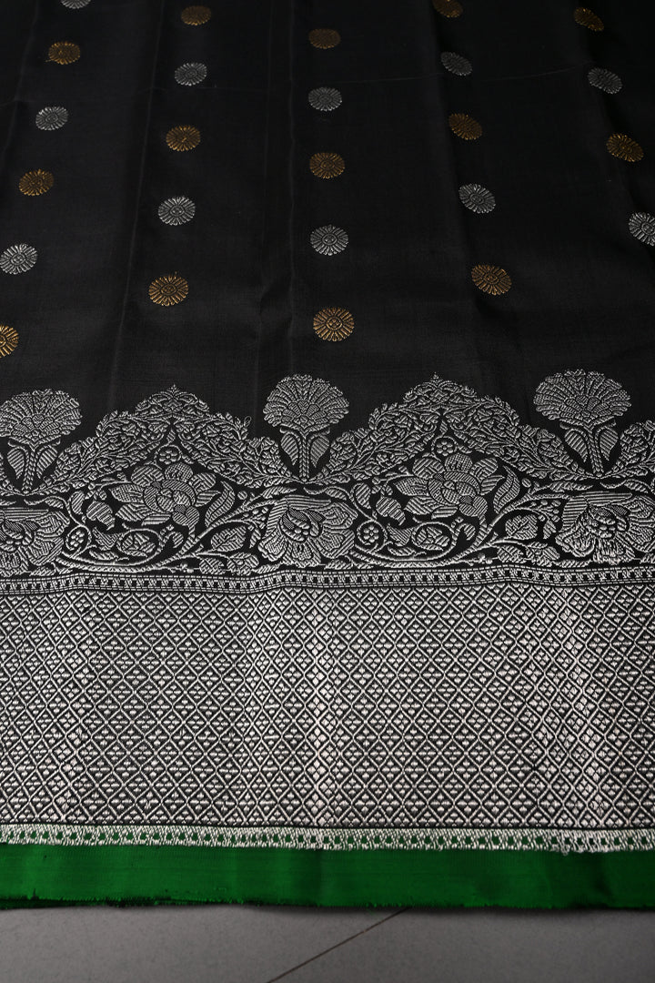Black Pure Gadwal Silk Saree with Gold-Silver Zari Buttas and Scallop Zari Border | SILK MARK CERTIFIED | SHOBITAM