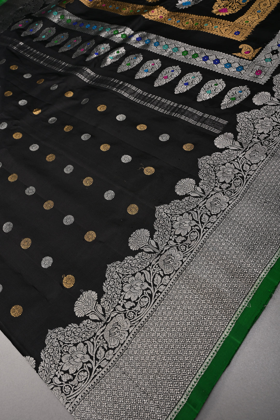 Black Pure Gadwal Silk Saree with Gold-Silver Zari Buttas and Scallop Zari Border | SILK MARK CERTIFIED | SHOBITAM