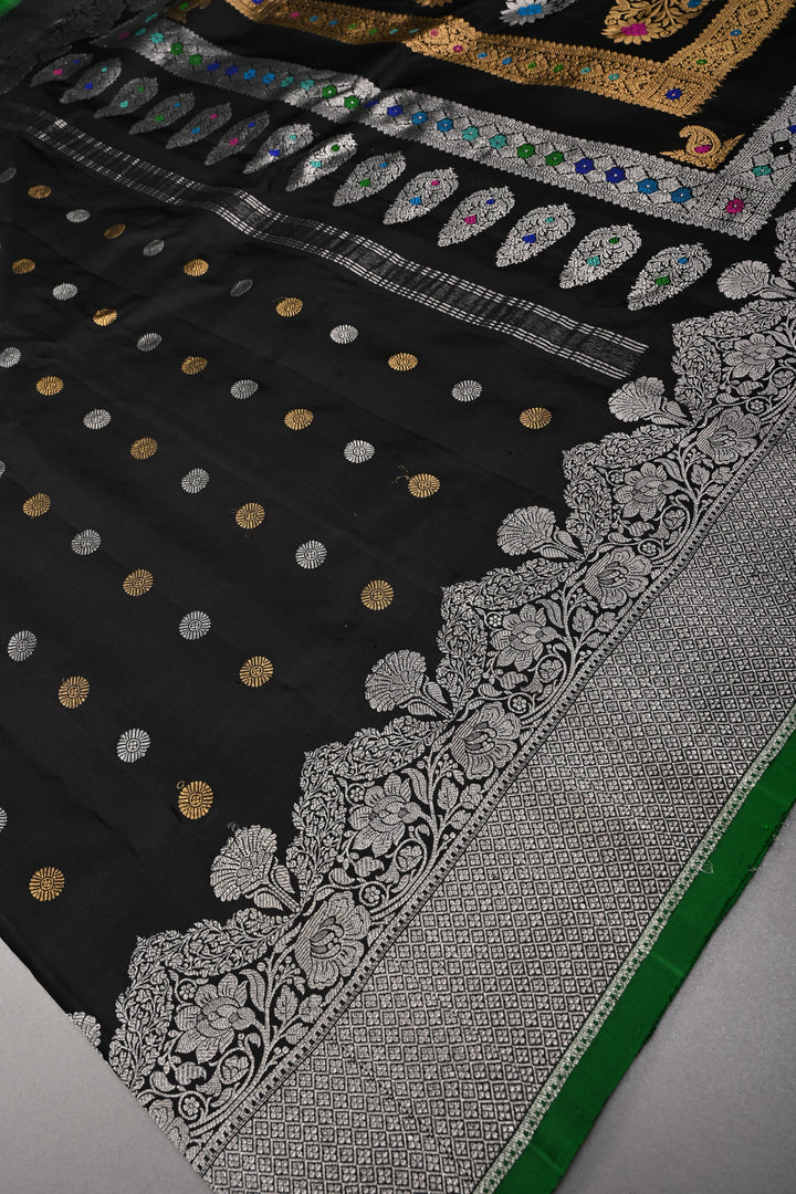 Black Pure Gadwal Silk Saree with Gold-Silver Zari Buttas and Scallop Zari Border | SILK MARK CERTIFIED | SHOBITAM