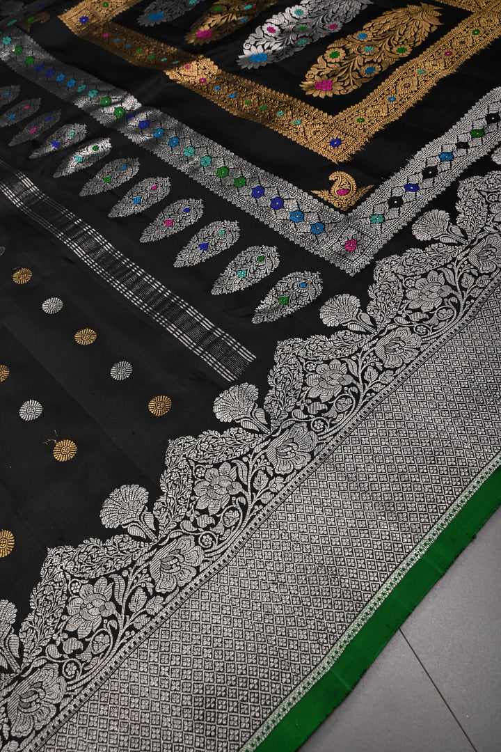 Black Pure Gadwal Silk Saree with Gold-Silver Zari Buttas and Scallop Zari Border | SILK MARK CERTIFIED | SHOBITAM