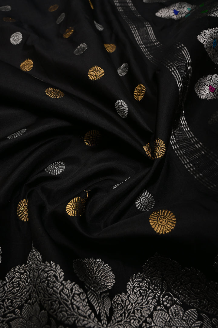 Black Pure Gadwal Silk Saree with Gold-Silver Zari Buttas and Scallop Zari Border | SILK MARK CERTIFIED | SHOBITAM