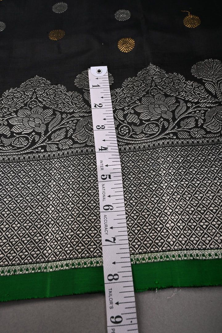 Black Pure Gadwal Silk Saree with Gold-Silver Zari Buttas and Scallop Zari Border | SILK MARK CERTIFIED | SHOBITAM