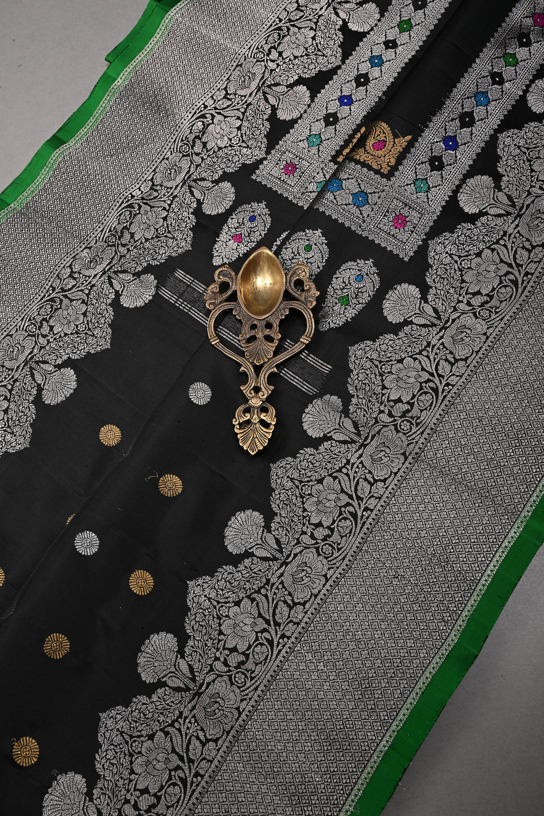 Black Pure Gadwal Silk Saree with Gold-Silver Zari Buttas and Scallop Zari Border | SILK MARK CERTIFIED | SHOBITAM
