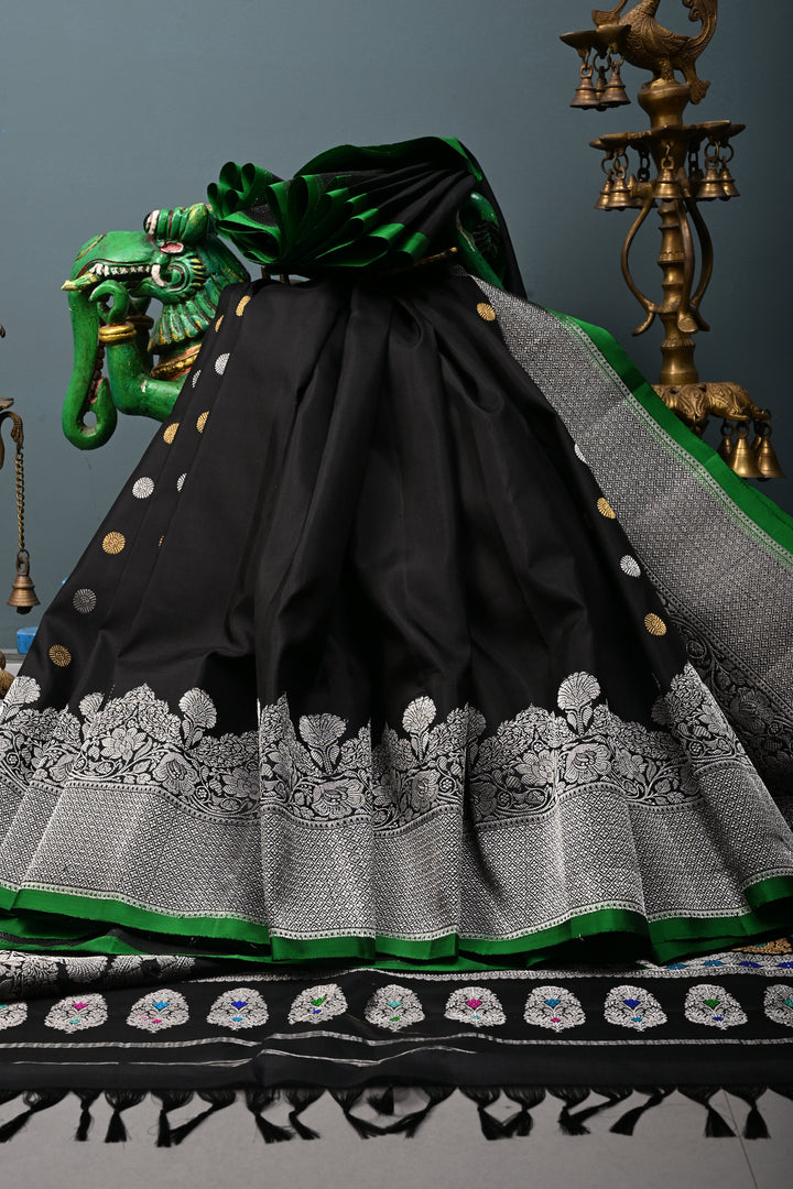 Black Pure Gadwal Silk Saree with Gold-Silver Zari Buttas and Scallop Zari Border | SILK MARK CERTIFIED | SHOBITAM