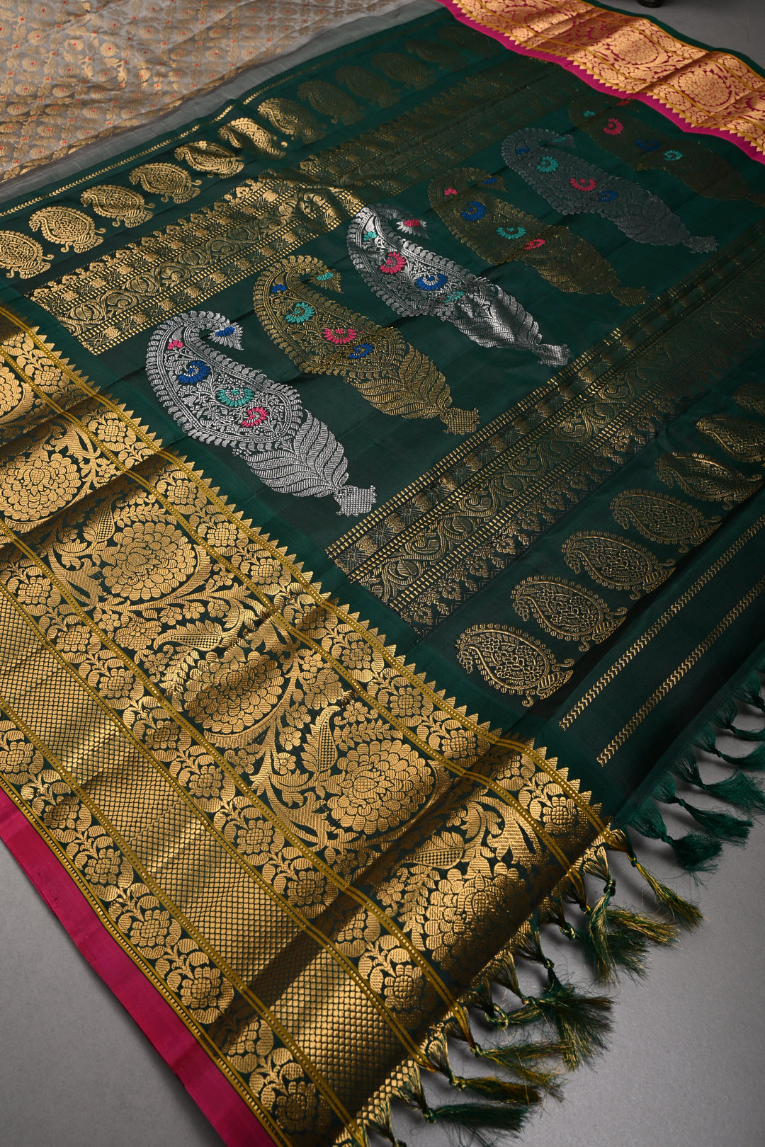Gray Pure Gadwal Silk Saree with Meenakari Floral Zari Brocade Jaal and Contrast Wide Zari Border | SILK MARK CERTIFIED | SHOBITAM