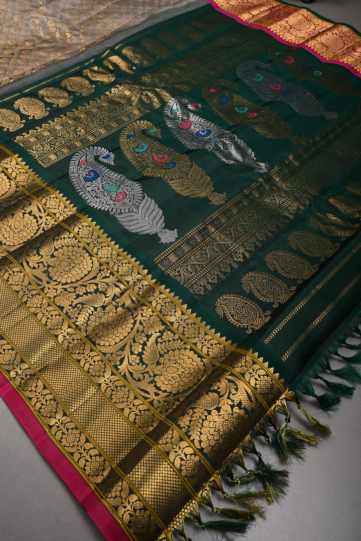 Gray Pure Gadwal Silk Saree with Meenakari Floral Zari Brocade Jaal and Contrast Wide Zari Border | SILK MARK CERTIFIED | SHOBITAM