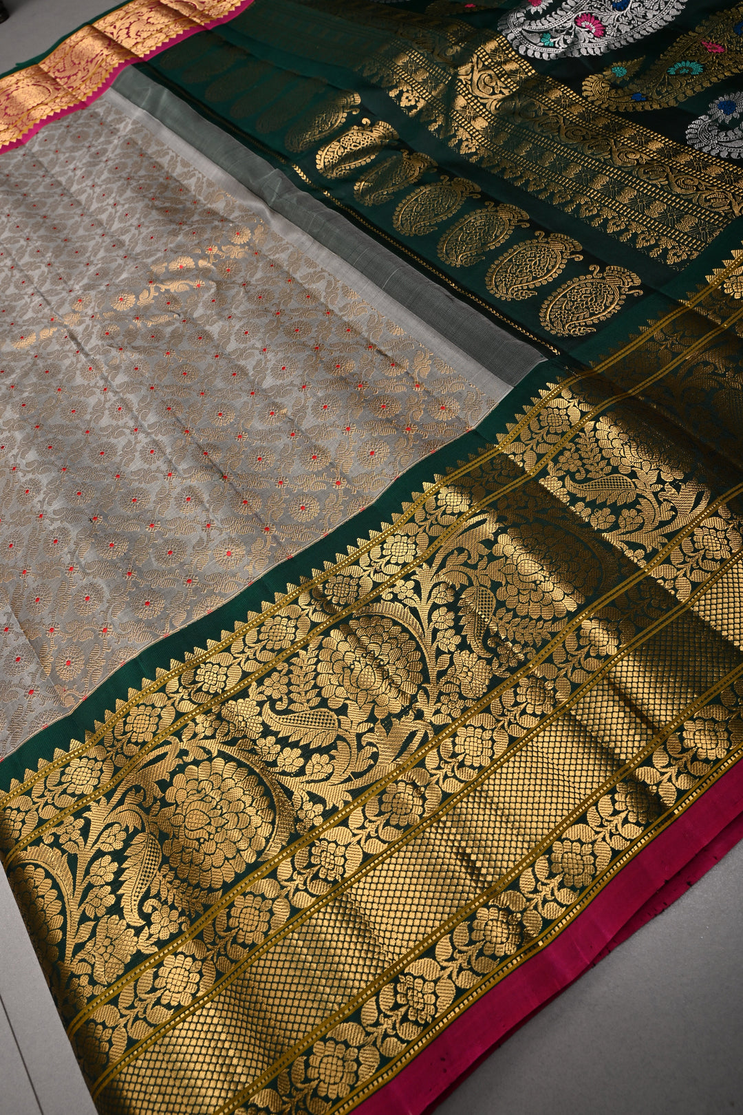 Gray Pure Gadwal Silk Saree with Meenakari Floral Zari Brocade Jaal and Contrast Wide Zari Border | SILK MARK CERTIFIED | SHOBITAM
