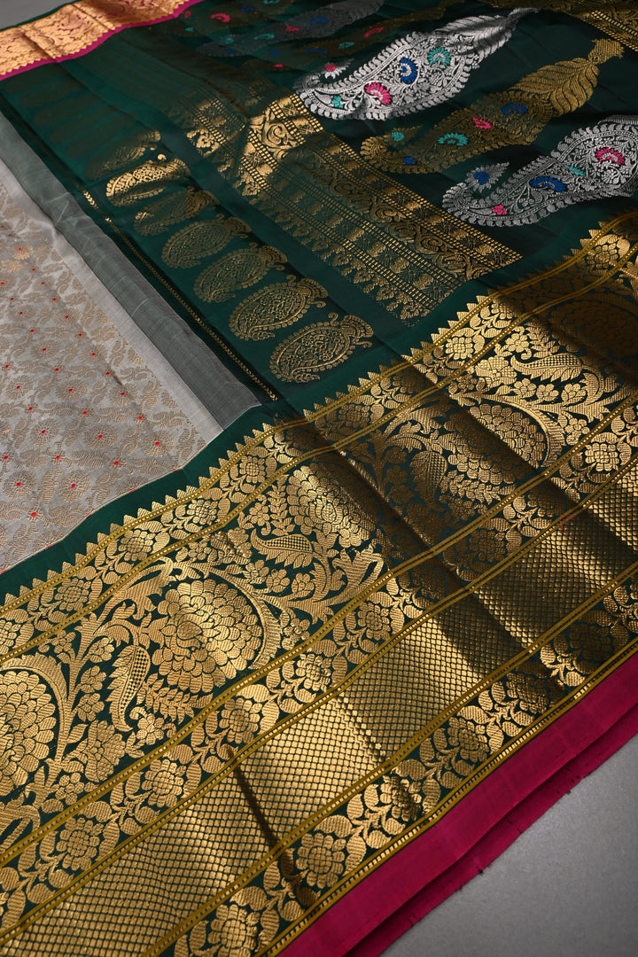 Gray Pure Gadwal Silk Saree with Meenakari Floral Zari Brocade Jaal and Contrast Wide Zari Border | SILK MARK CERTIFIED | SHOBITAM