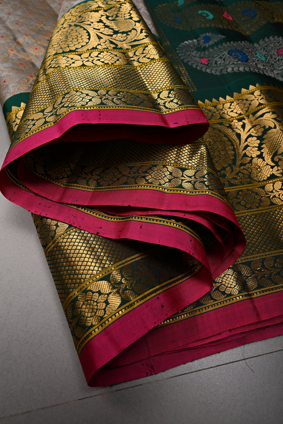Gray Pure Gadwal Silk Saree with Meenakari Floral Zari Brocade Jaal and Contrast Wide Zari Border | SILK MARK CERTIFIED | SHOBITAM
