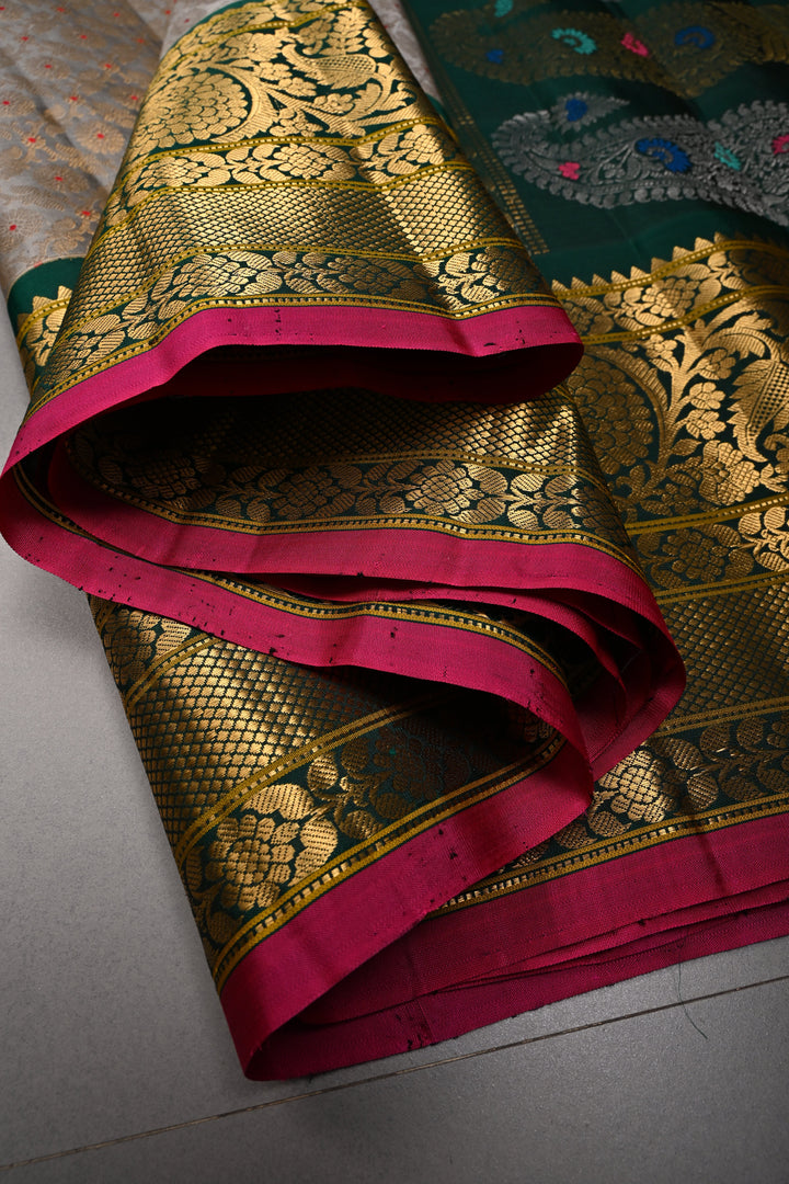 Gray Pure Gadwal Silk Saree with Meenakari Floral Zari Brocade Jaal and Contrast Wide Zari Border | SILK MARK CERTIFIED | SHOBITAM