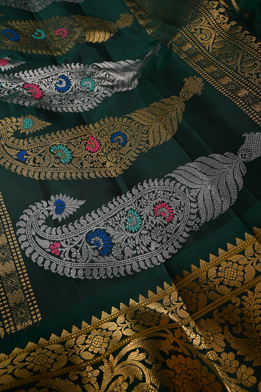 Gray Pure Gadwal Silk Saree with Meenakari Floral Zari Brocade Jaal and Contrast Wide Zari Border | SILK MARK CERTIFIED | SHOBITAM