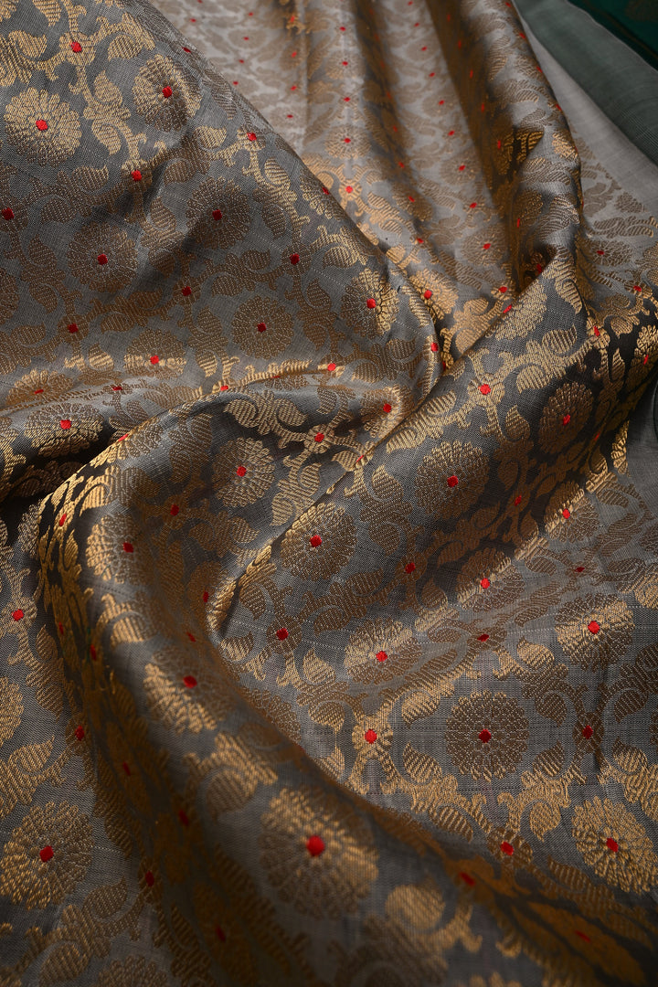 Gray Pure Gadwal Silk Saree with Meenakari Floral Zari Brocade Jaal and Contrast Wide Zari Border | SILK MARK CERTIFIED | SHOBITAM