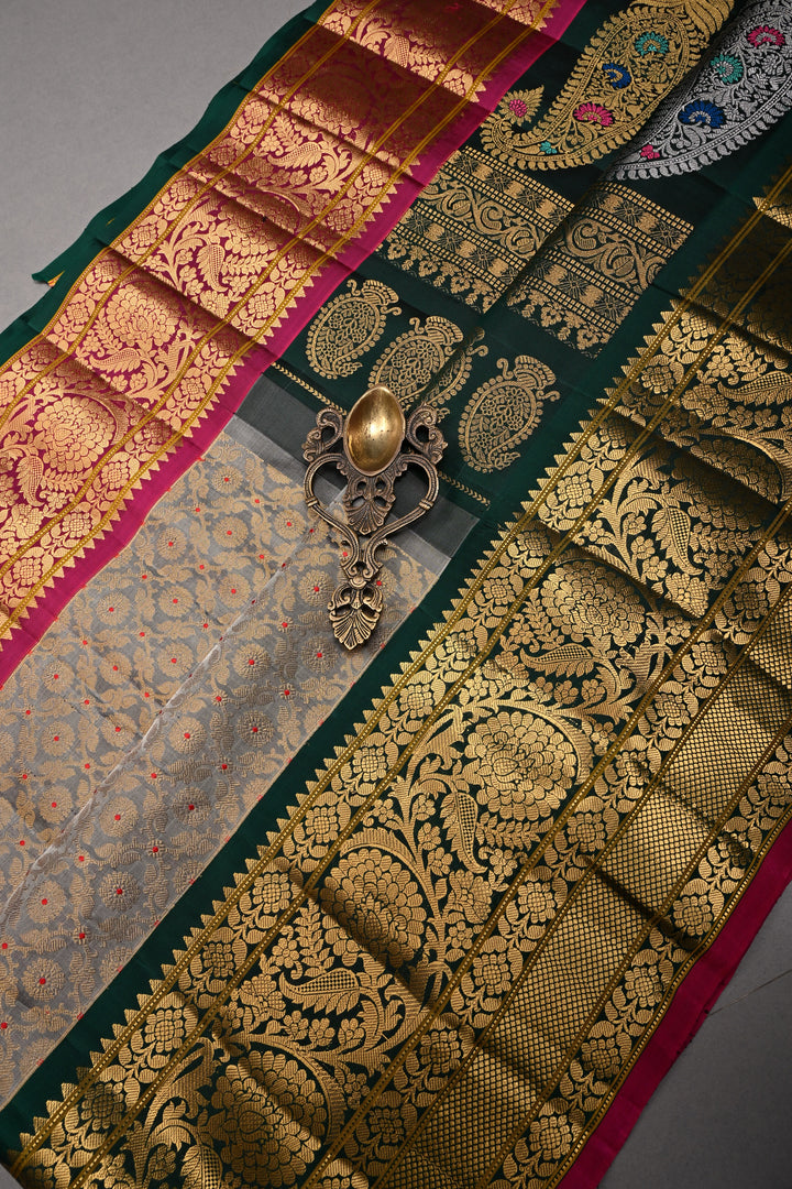 Gray Pure Gadwal Silk Saree with Meenakari Floral Zari Brocade Jaal and Contrast Wide Zari Border | SILK MARK CERTIFIED | SHOBITAM