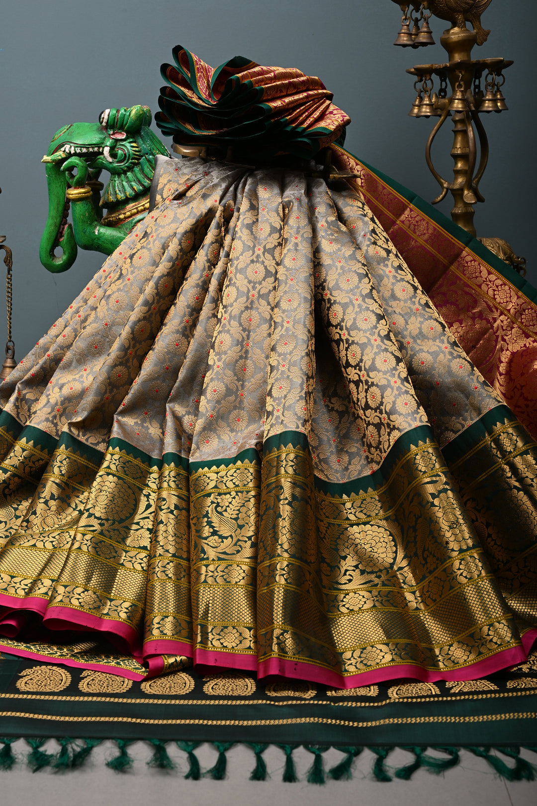 Gray Pure Gadwal Silk Saree with Meenakari Floral Zari Brocade Jaal and Contrast Wide Zari Border | SILK MARK CERTIFIED | SHOBITAM
