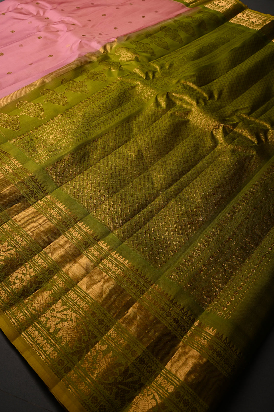Peach Pure Gadwal Silk Saree with Resham Buttas and Contrast Zari Border | SILK MARK CERTIFIED | SHOBITAM