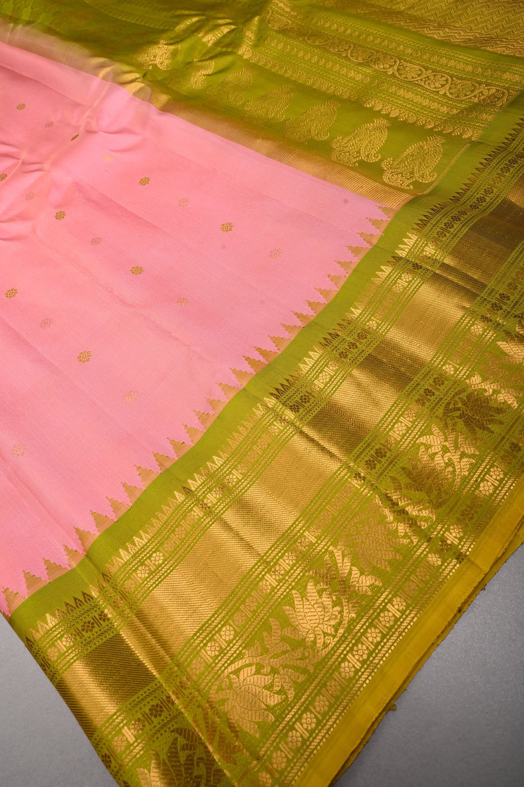 Peach Pure Gadwal Silk Saree with Resham Buttas and Contrast Zari Border | SILK MARK CERTIFIED | SHOBITAM