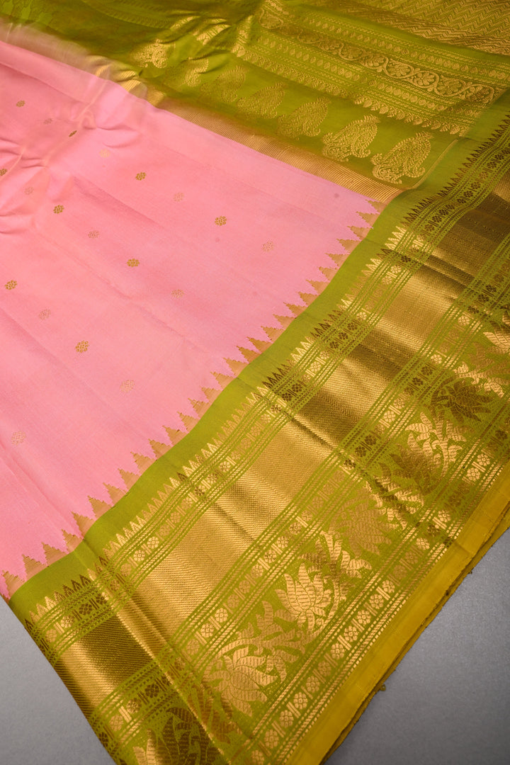 Peach Pure Gadwal Silk Saree with Resham Buttas and Contrast Zari Border | SILK MARK CERTIFIED | SHOBITAM