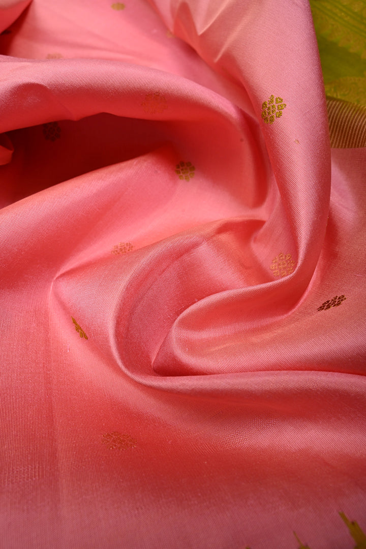 Peach Pure Gadwal Silk Saree with Resham Buttas and Contrast Zari Border | SILK MARK CERTIFIED | SHOBITAM