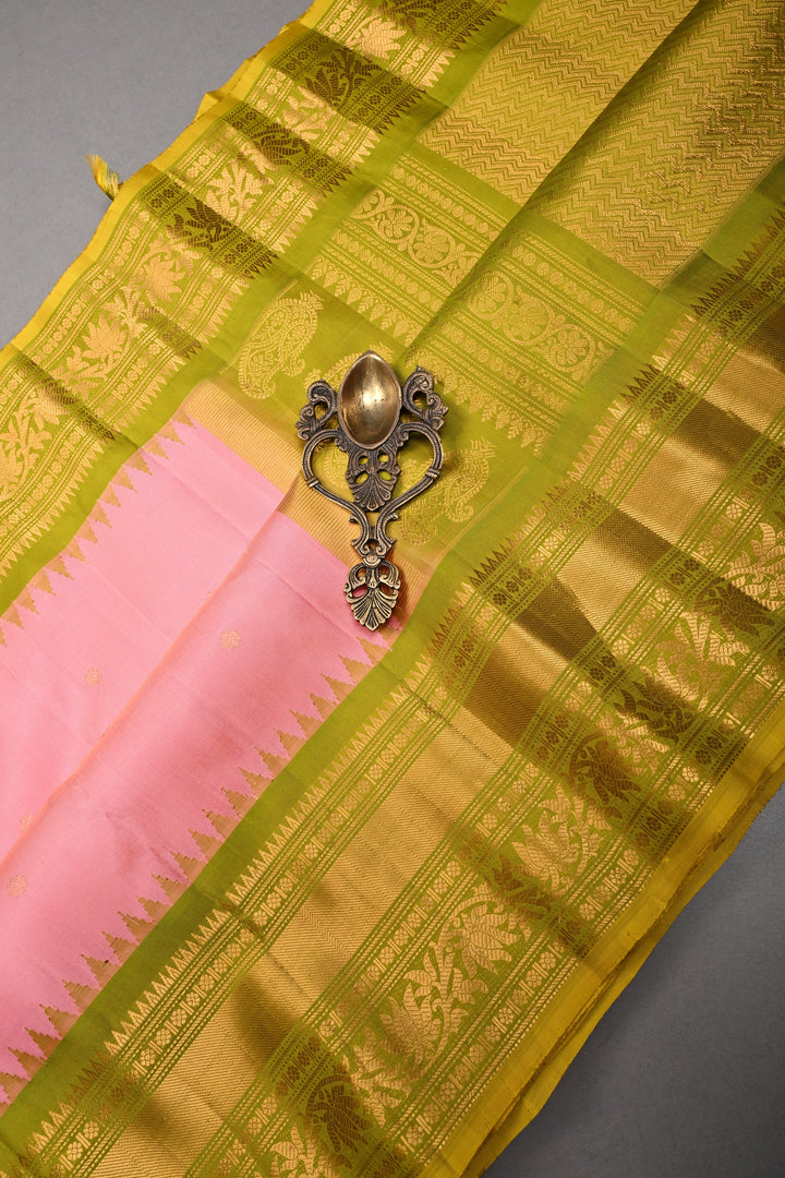 Peach Pure Gadwal Silk Saree with Resham Buttas and Contrast Zari Border | SILK MARK CERTIFIED | SHOBITAM