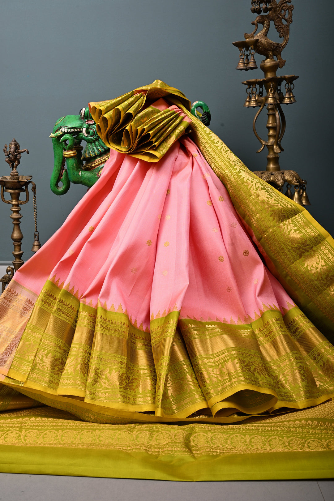 Peach Pure Gadwal Silk Saree with Resham Buttas and Contrast Zari Border | SILK MARK CERTIFIED | SHOBITAM