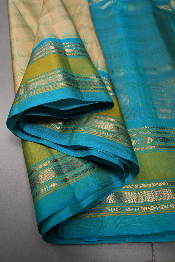 Beige Pure Gadwal Silk Saree with Checks Pattern and Ganga Jamuna Border | SILK MARK CERTIFIED