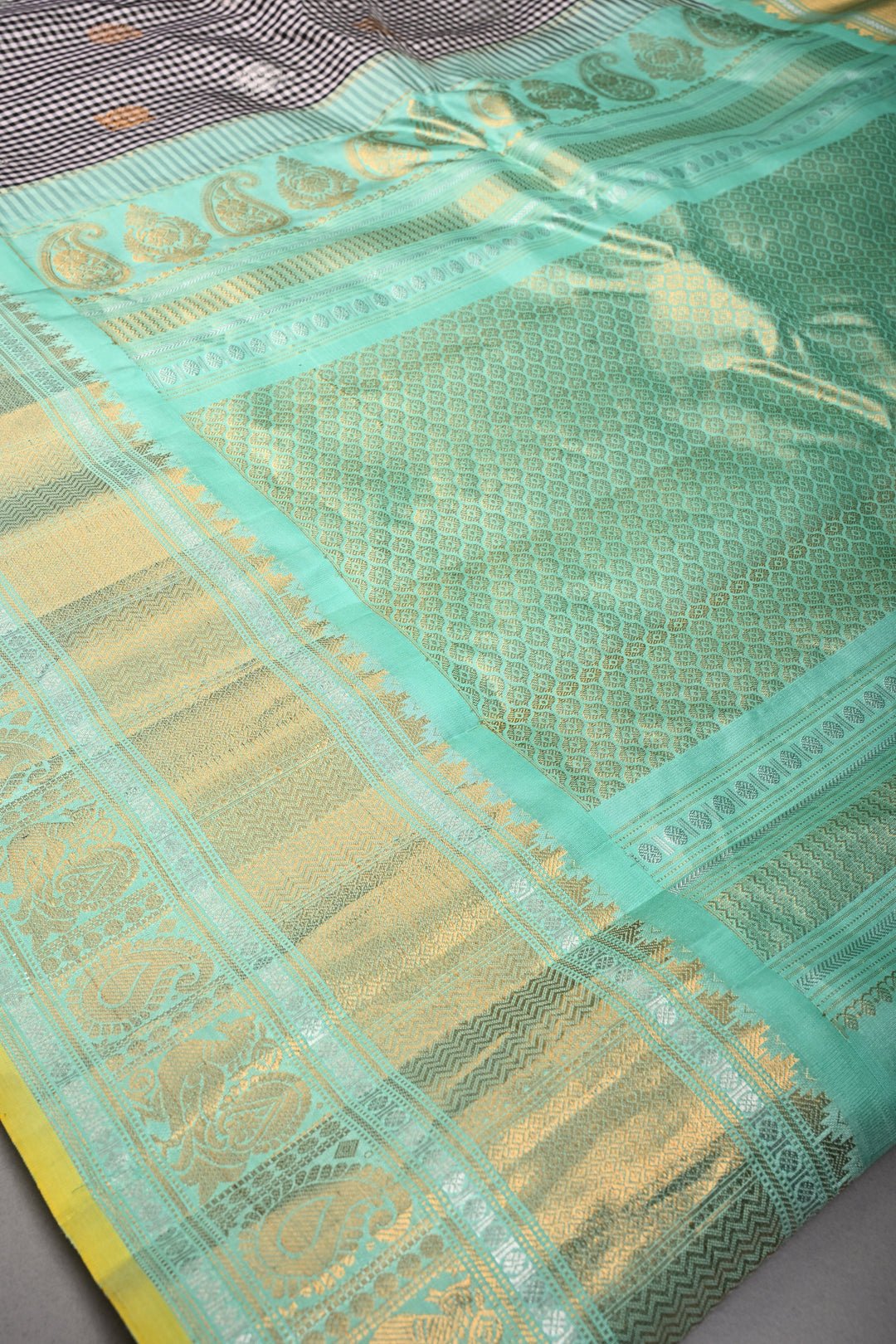 Black-White Checks Pattern on Pure Gadwal Silk Saree with Gold-Silver Zari Buttas and Contrast Wide Zari Border | SILK MARK CERTIFIED | SHOBITAM
