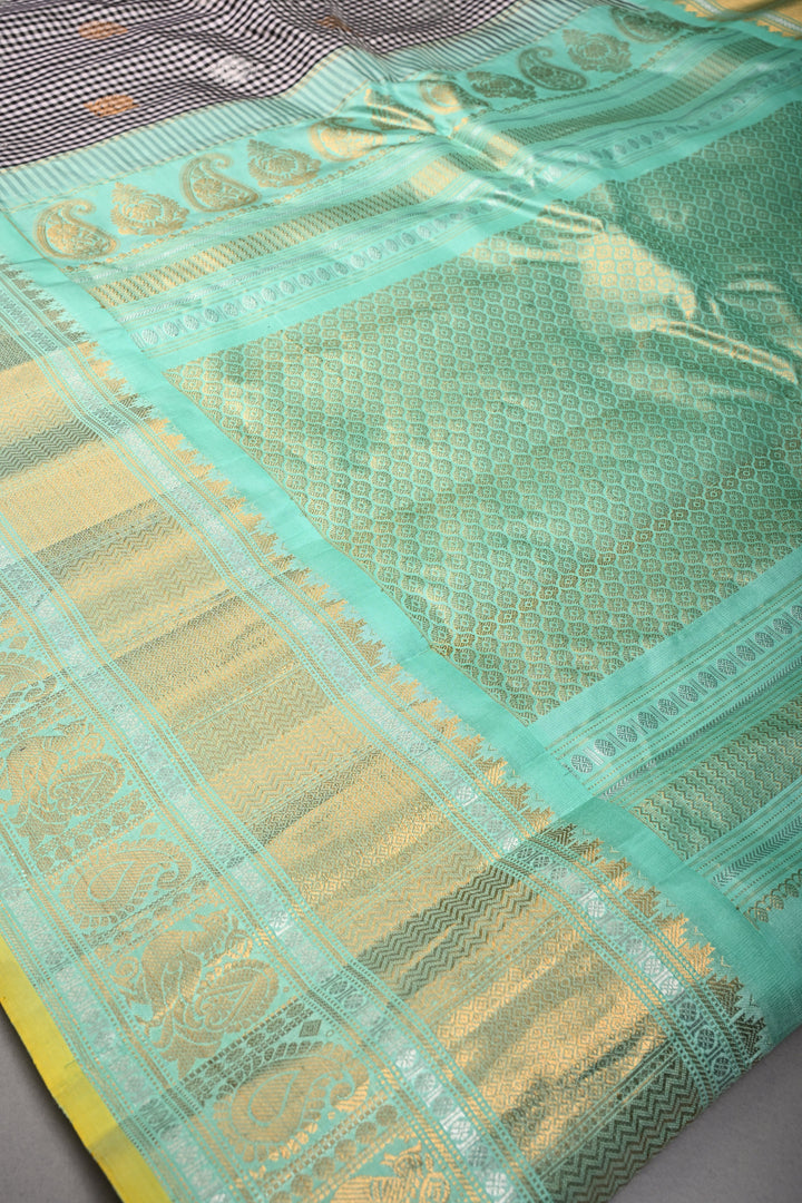 Black-White Checks Pattern on Pure Gadwal Silk Saree with Gold-Silver Zari Buttas and Contrast Wide Zari Border | SILK MARK CERTIFIED | SHOBITAM